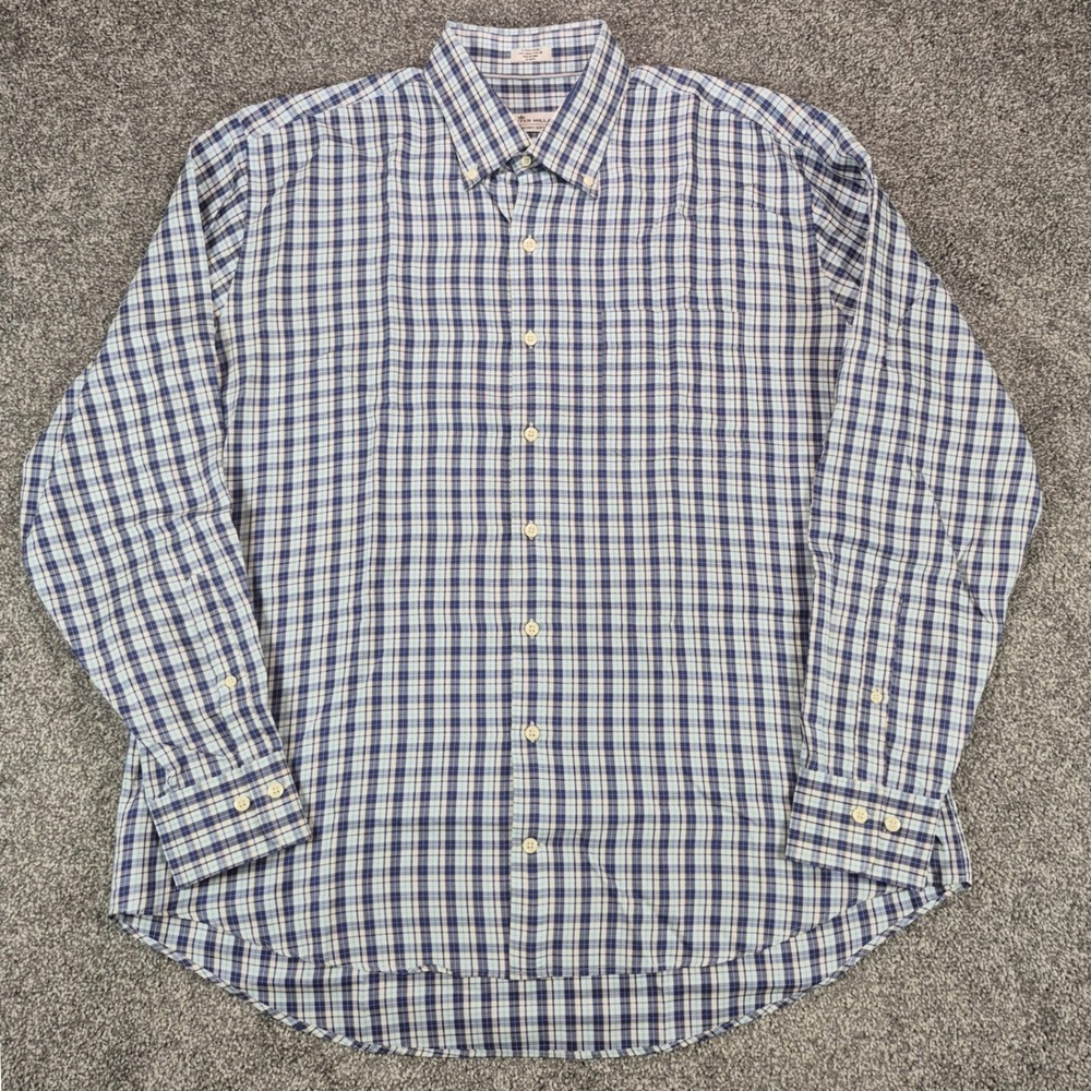 Peter Millar Crown Soft Shirt Mens XL Blue Plaid Cotton Silk Blend Button Down